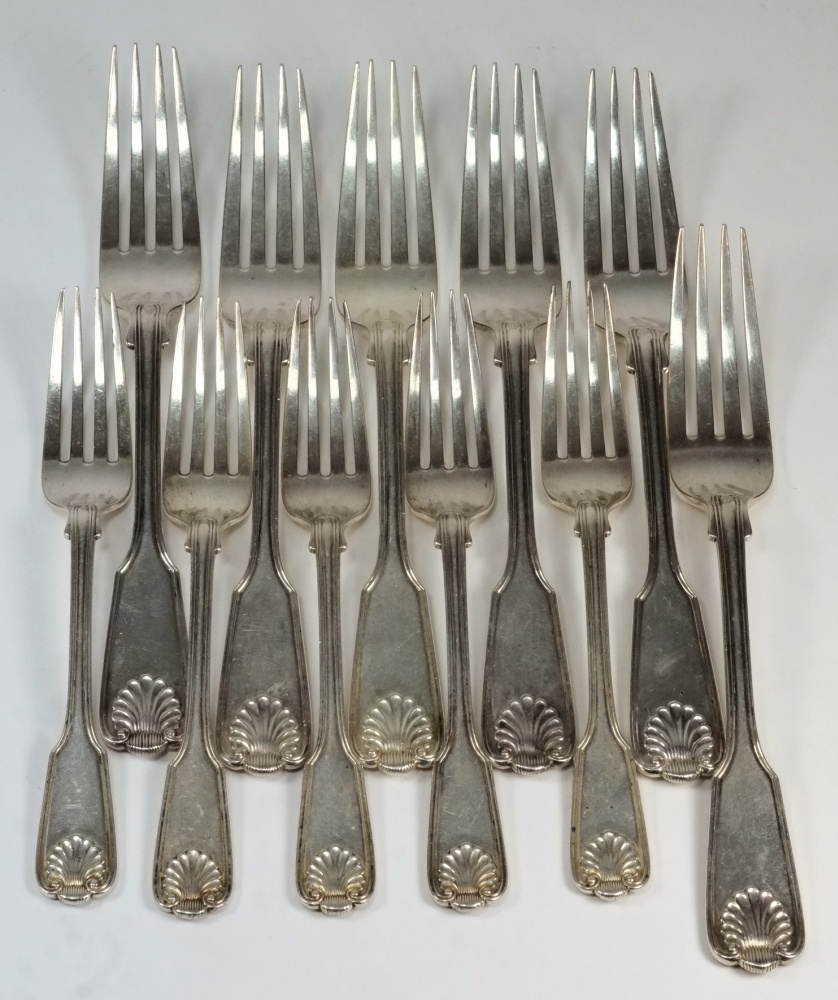 A set of six Victorian silver shell, thread and fiddle pattern table forks, maker FH, London,
