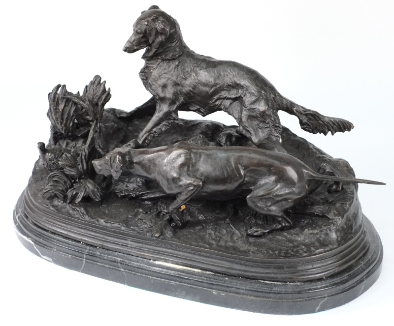 After Mene, a bronze study of s setter and pointer: on an oval naturalistic base, 42cm. wide.
