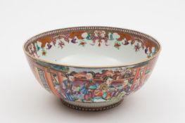 A Chinese famille rose porcelain bowl: painted in the `Mandarin` pattern with figures on terraces,