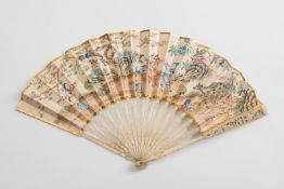 A 19th century Chinese ivory fan: the paper leaf with painted decoration of figures on a hillside