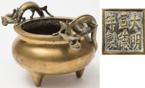 A Chinese bronze tripod censer: of compressed circular form with scaly dragon handles, six