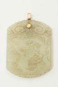 A Chinese jade pendant/plaque: carved to one side with a mountainous lake landscape, a figure
