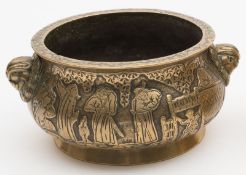 A Chinese bronze censer:.with foliate decoration to the rim, the sides with panels depicting