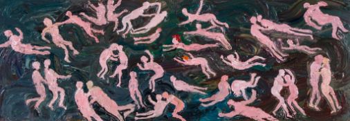 Fred Yates (1922-2008) - Swimmers oil on board, with the artist`s studio stamp on the reverse 9 3/4