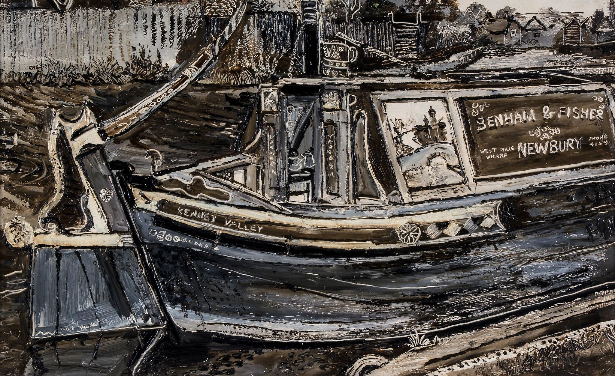 Fred Yates (1922-2008) - West Mills Wharf, Newbury oil on board 18 1/2 x 30 in., 47 x 76.3 cm