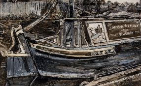 Fred Yates (1922-2008) - West Mills Wharf, Newbury oil on board 18 1/2 x 30 in., 47 x 76.3 cm