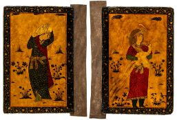 Pictorial lacquer boards.- - Two beautifully decorated  Lacquer boards,  [possibly used as book