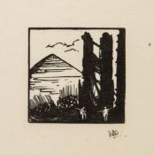 Craig (Edward Gordon) - Pyramid with Armed Men,  woodcut on japan paper, 56 x 57mm., signed with