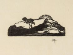 Craig (Edward Gordon) - Landscape with Sunset,  woodcut on japan paper, 40 x 110mm., signed with