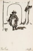 Craig (Edward Gordon) - Dumas, figure study of a musketeer,   pen and black ink, 90 x 65mm., signed