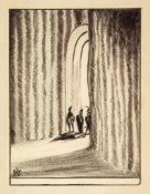 Craig (Edward Gordon) - Three figures within an arch,  study in black, grey and green pencil with
