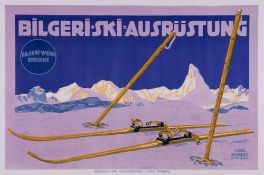 KUNST, Carl (1884-1912) - BILGERI-SKI=AUSRUSTUNG lithographic poster in colours, c.1910, printed