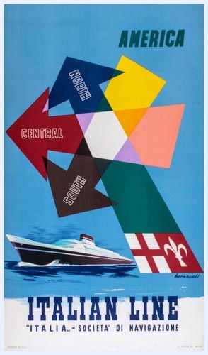 BERNAZZOLI - ITALIAN LINE, North South Central America lithographic poster in colours, c.1960,