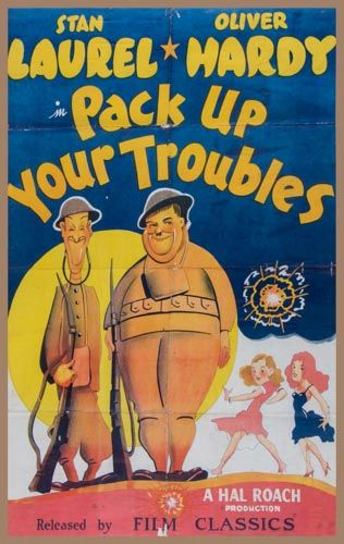 LAUREL & HARDY, Pack up your troubles lithographic poster in colours,  cond B, framed and glazed, 40