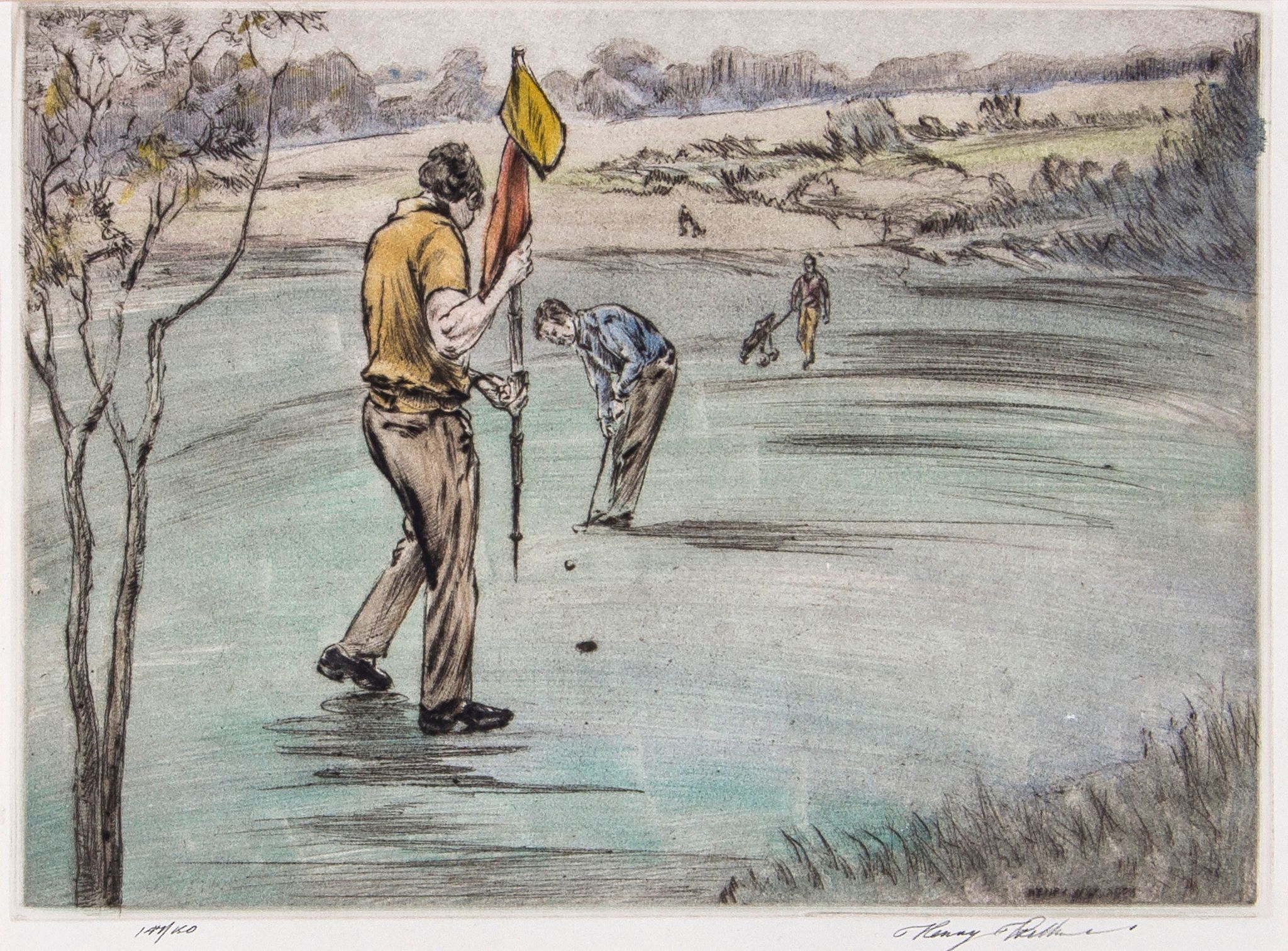 WILKINSON, Henry - PUTTING golfing etching in colours, c.1925, signed and numbered 147/150 in pencil