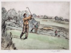 WILKINSON, Henry - TEEING OFF golfing etching in colours, c.1925, signed and numbered 147/150 in