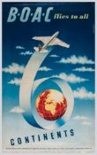 PICK, Beverley - BOAC FLIES TO ALL CONTINENTS lithograph in colours, cond B, backed on linen 39 1/