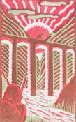 Rosamund Burnett (1904-1968) - The Sniper linocut printed in vermillion and mid-greed, with