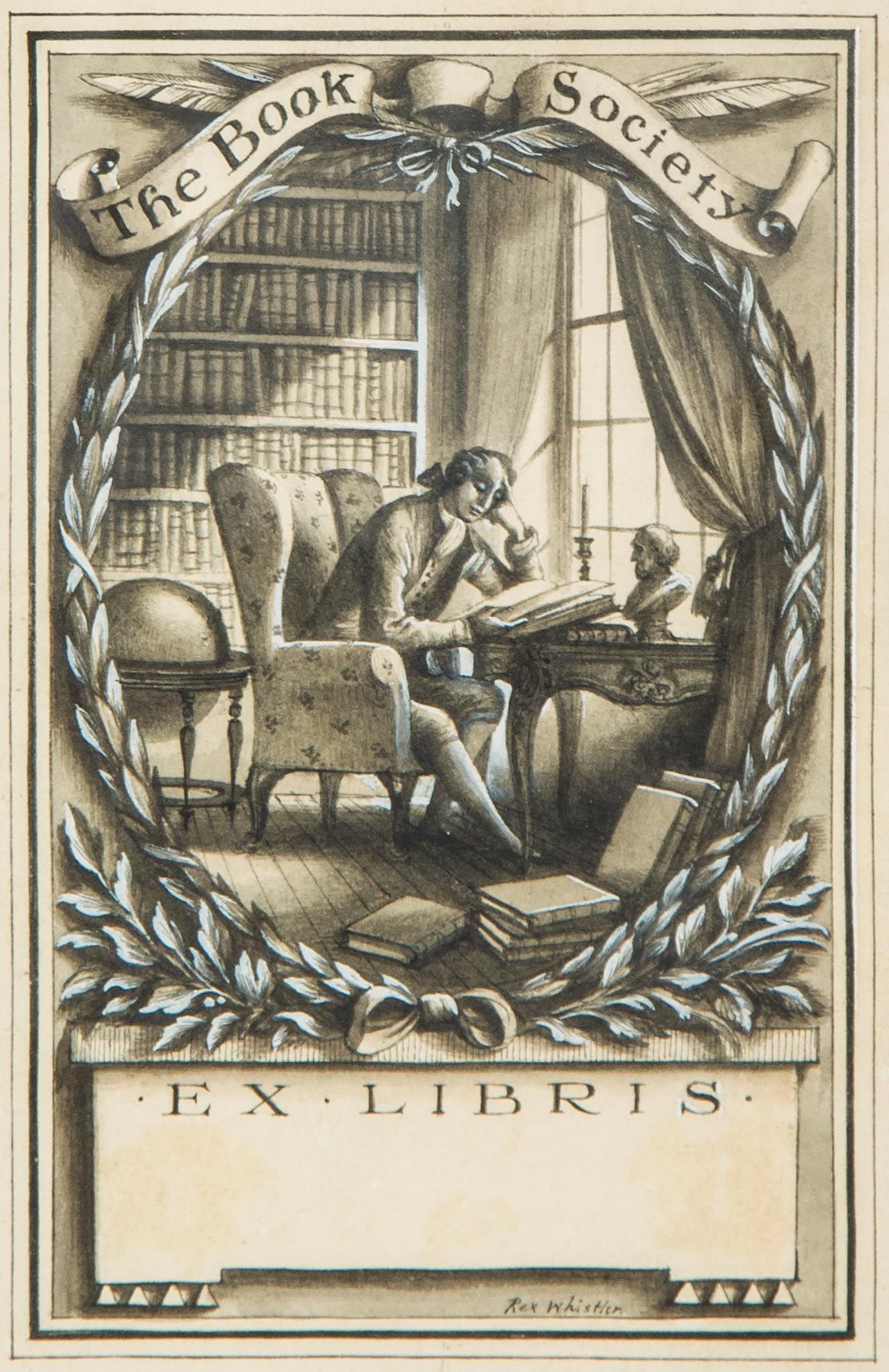 Whistler (Rex) - Design for book-plate for The Book Society,  original drawing of an 18th century