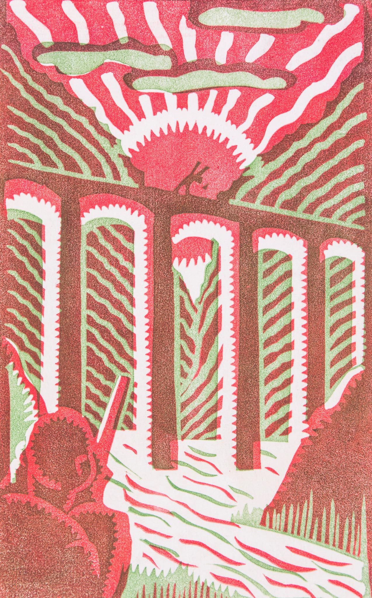 Rosamund Burnett (1904-1968) The Sniper linocut printed in vermillion and mid-greed, with