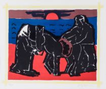 Josef Herman (1911-2000) Red Sun lithograph printed in colours, 1974, signed in