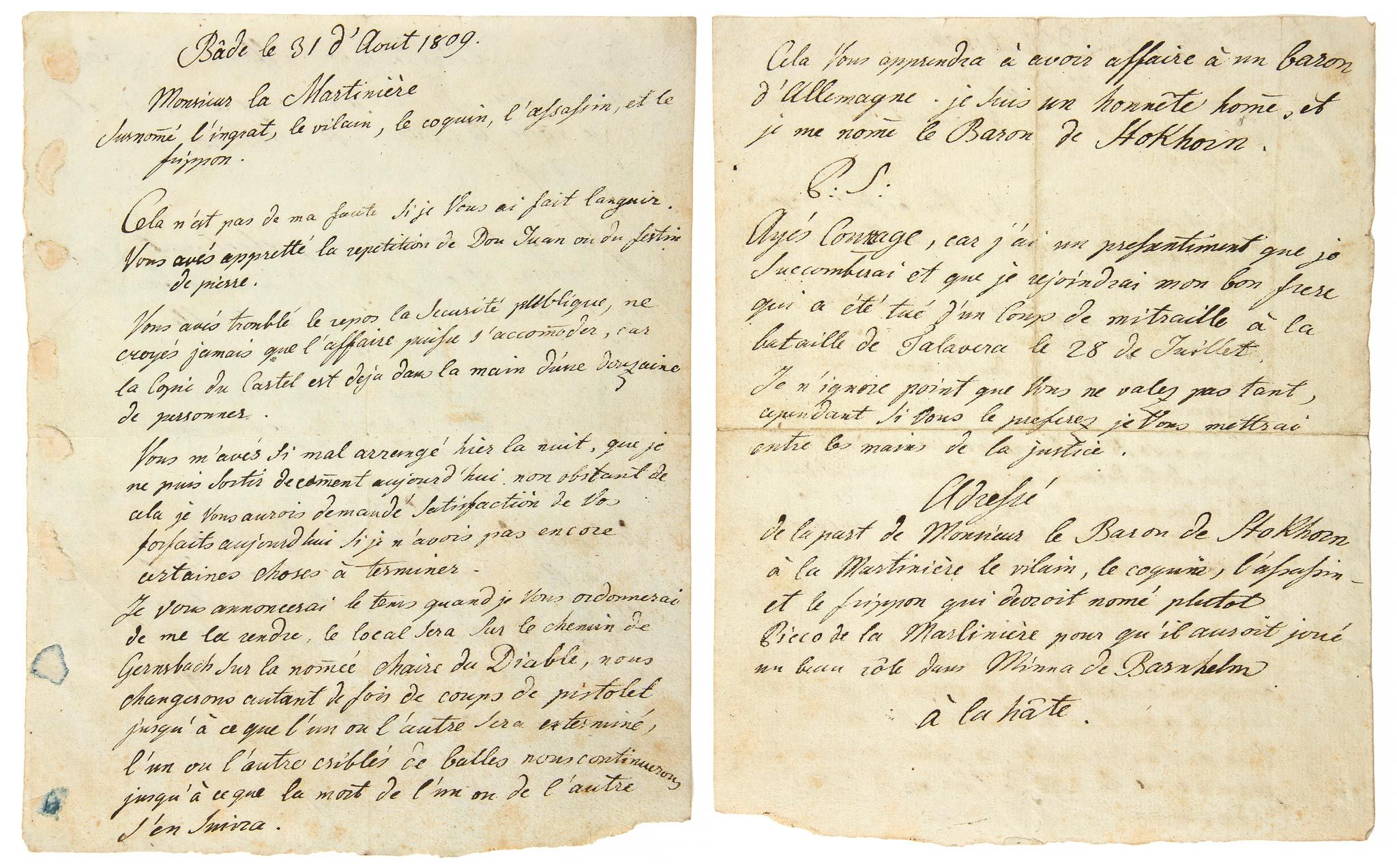 Letter written on behalf of Baron von Stockhorn, probably by his second, 2pp Letter written on