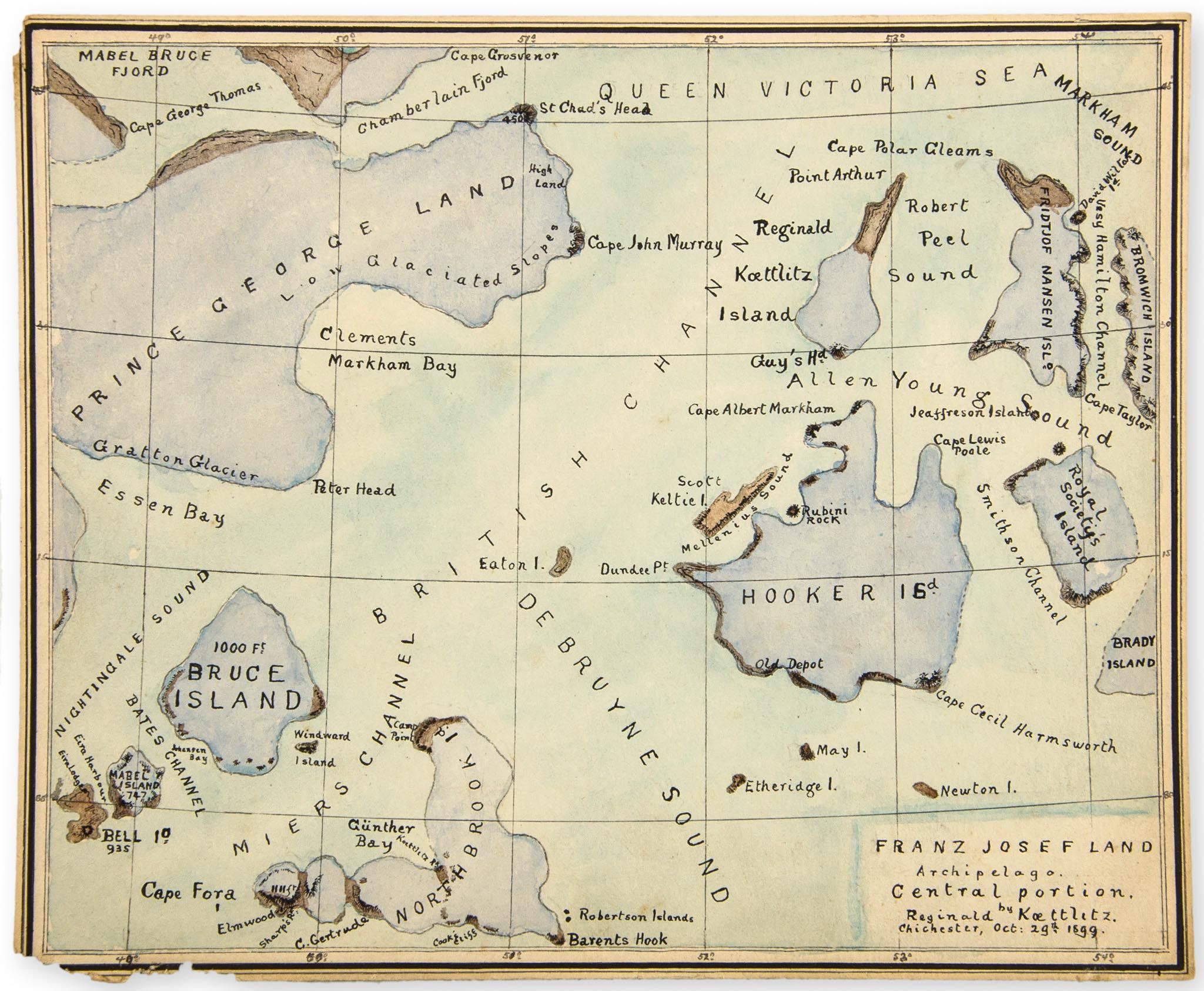 Franz Josef Land Archipelago. Central portion, watercolour map (Reginald, physician and polar