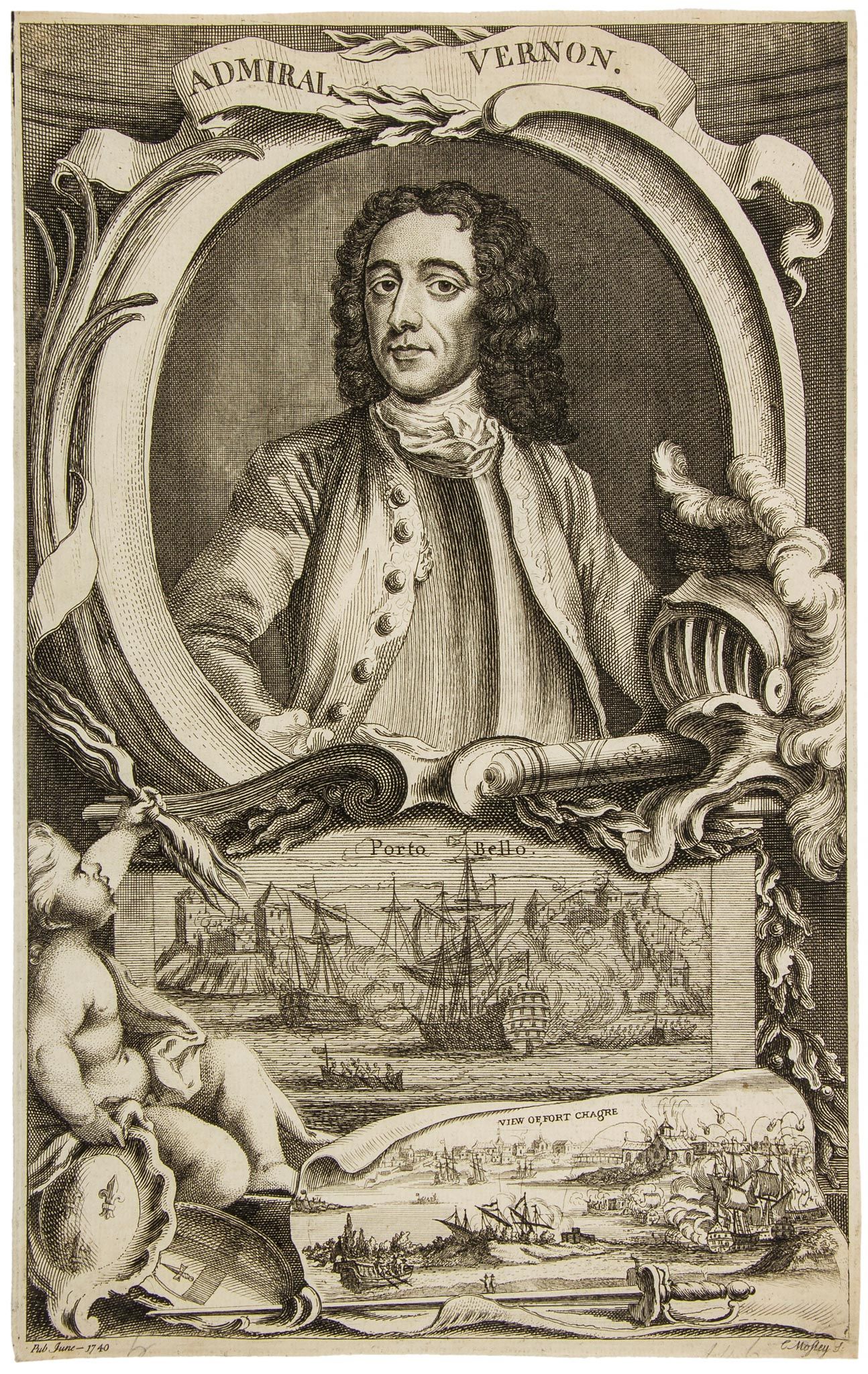 Admiral Vernon, engraved half-length portrait above a depiction of the... (Charles, engraver, 1720-