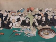 Sem (Georges Goursat, 1863-1934) - Gamblers playing roulette in a casino in Monte-Carlo,  colour