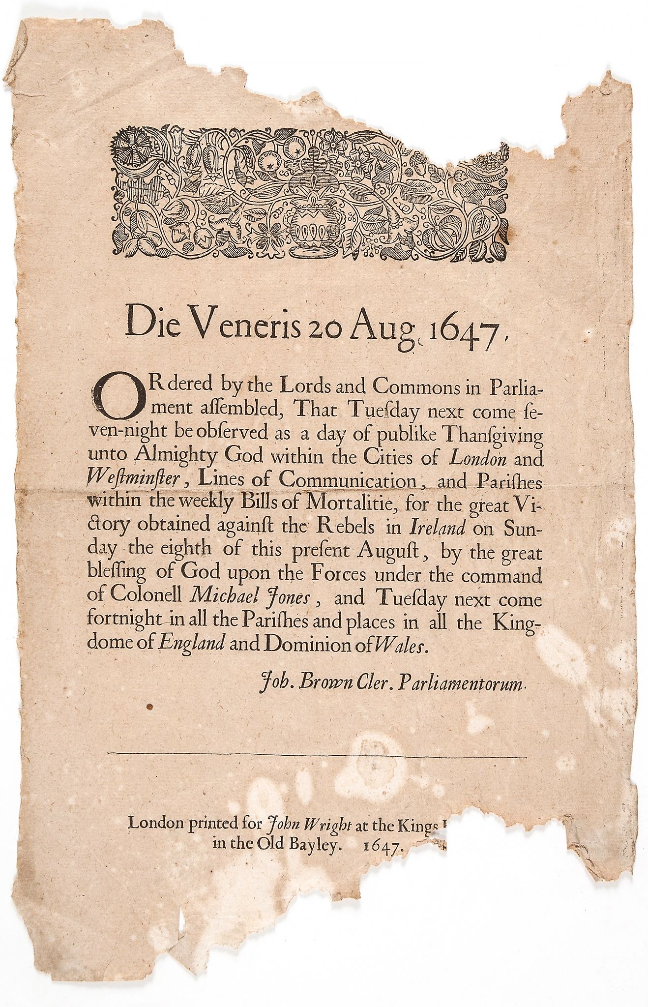 Die Veneris 20 Aug. 1647. Ordered by the Lords and Commons in Parliament...  Die Veneris 20 Aug.