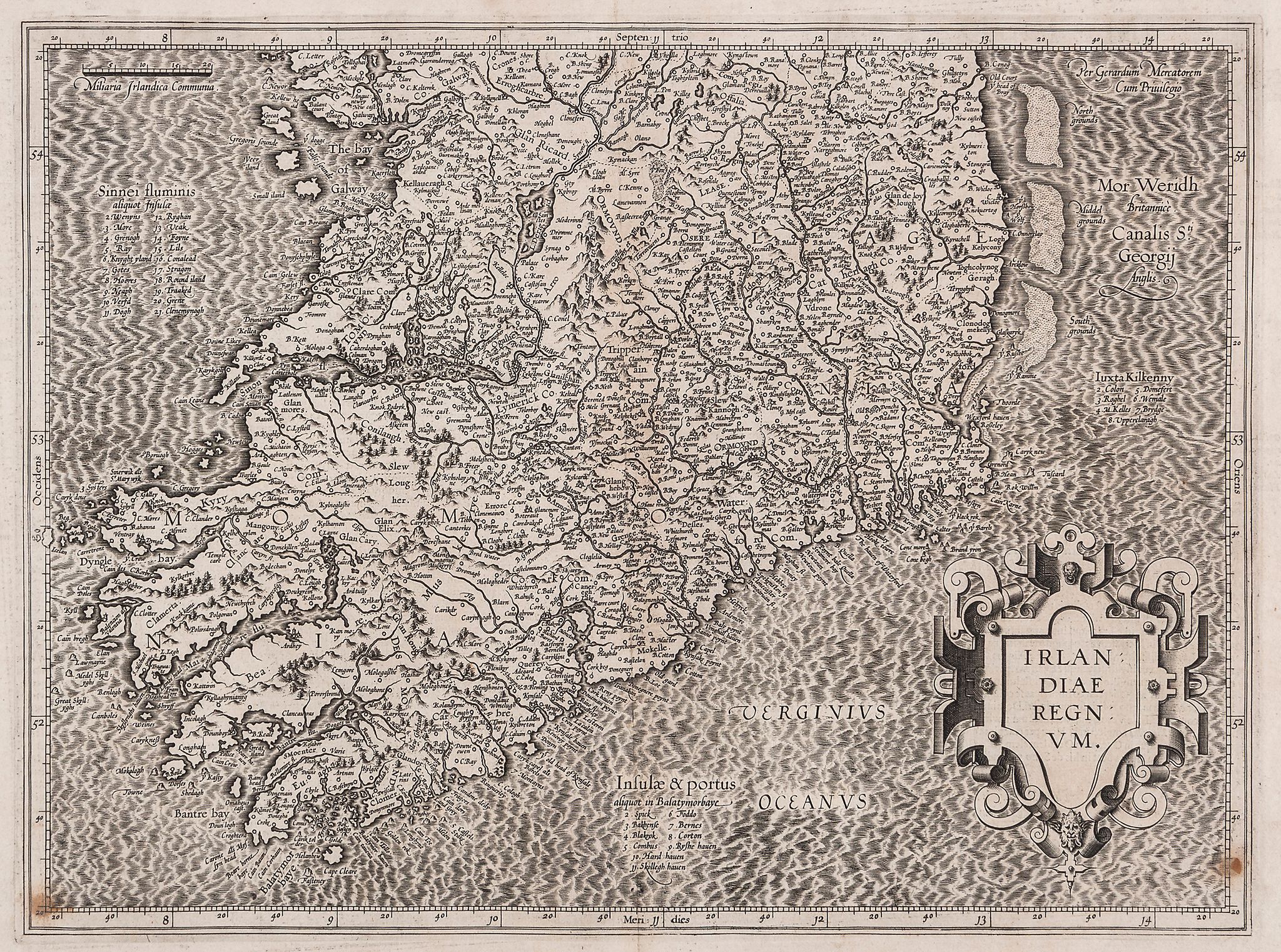 -. Mercator (Gerard) - Irlandiae Regnum, Ireland in 2 full sheets, strapwork title cartouche in