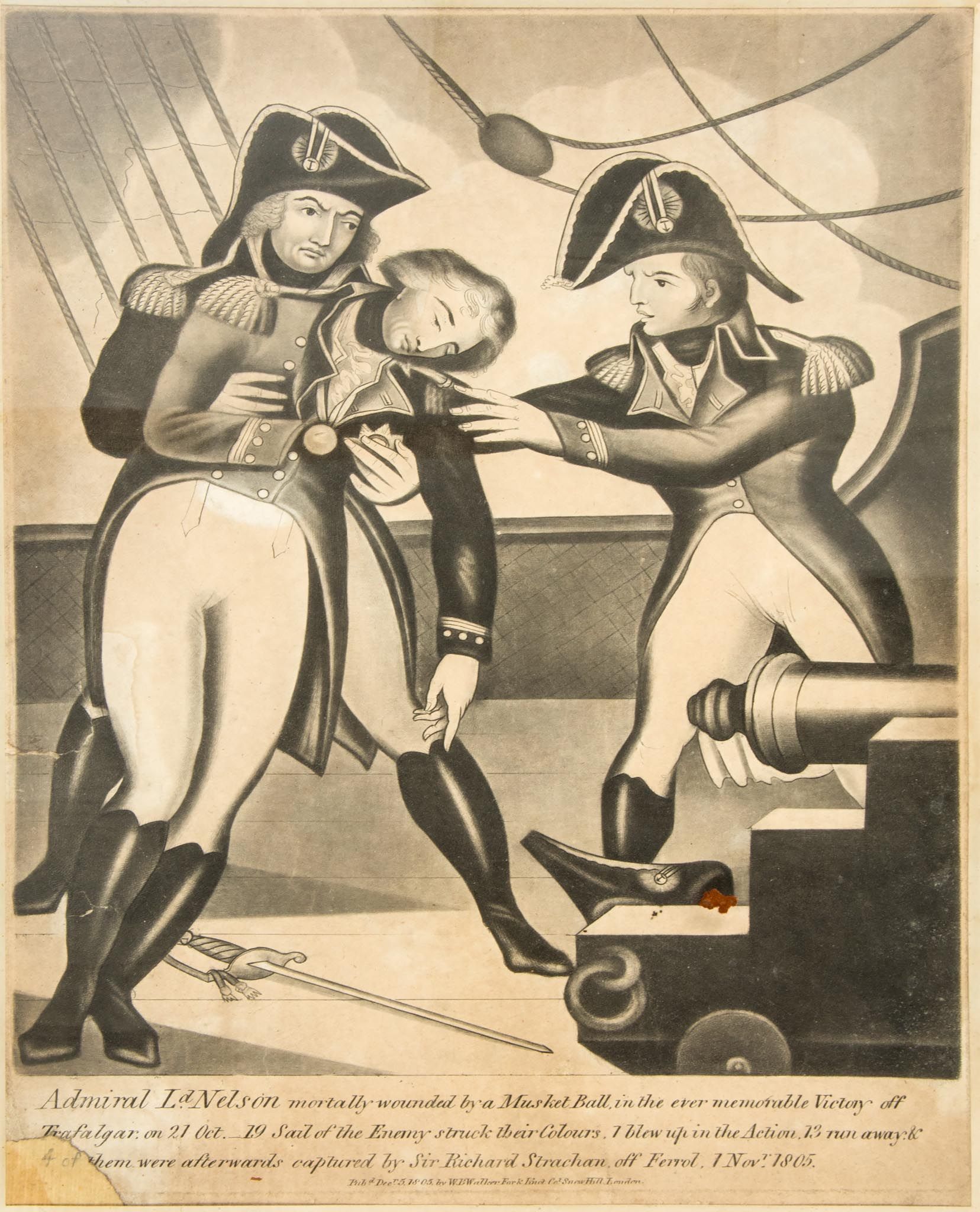 Admiral Lord Nelson Mortally wounded, by a Musket Ball , uncoloured mezzotint  (W.B,  publisher  )