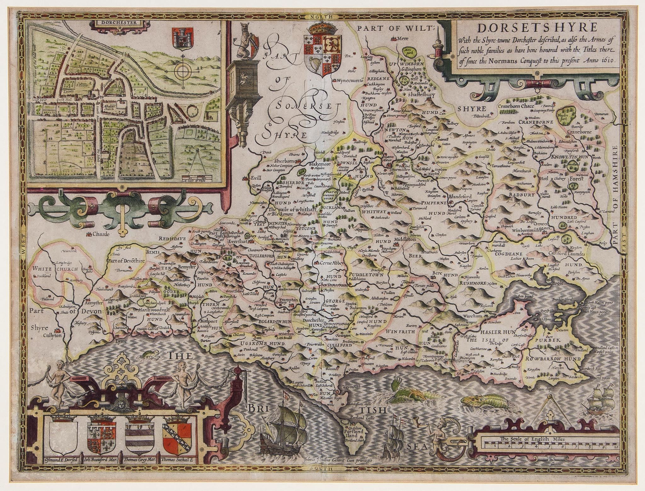 Dorsetshire.- Speed (John) - Dorsetshyre, inset plan of Dorchester, upper left, strapwork title
