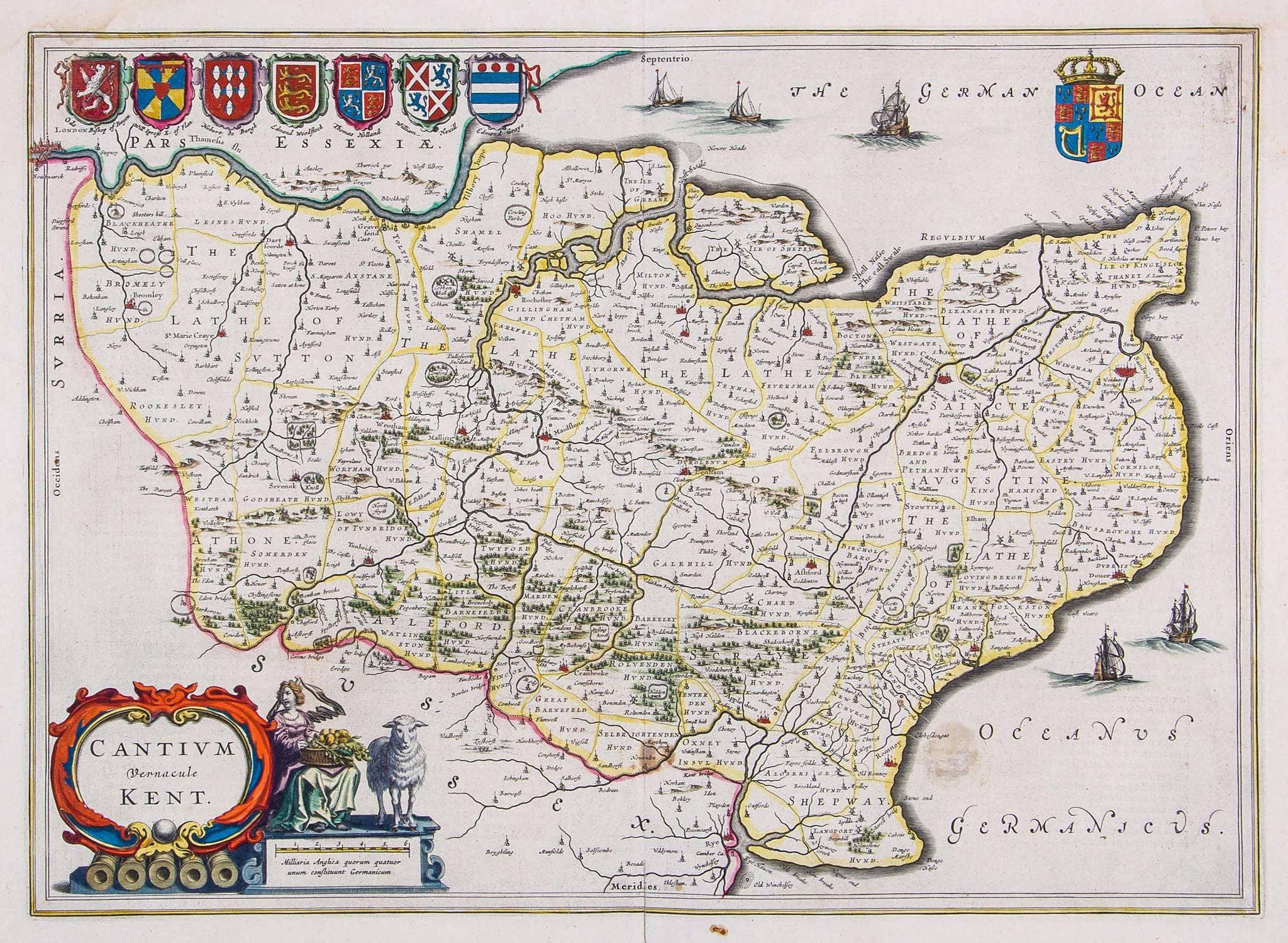 Blaeu (Johan and Willem) - Cantium Vernacule Kent, county map with decorative title cartouche lower