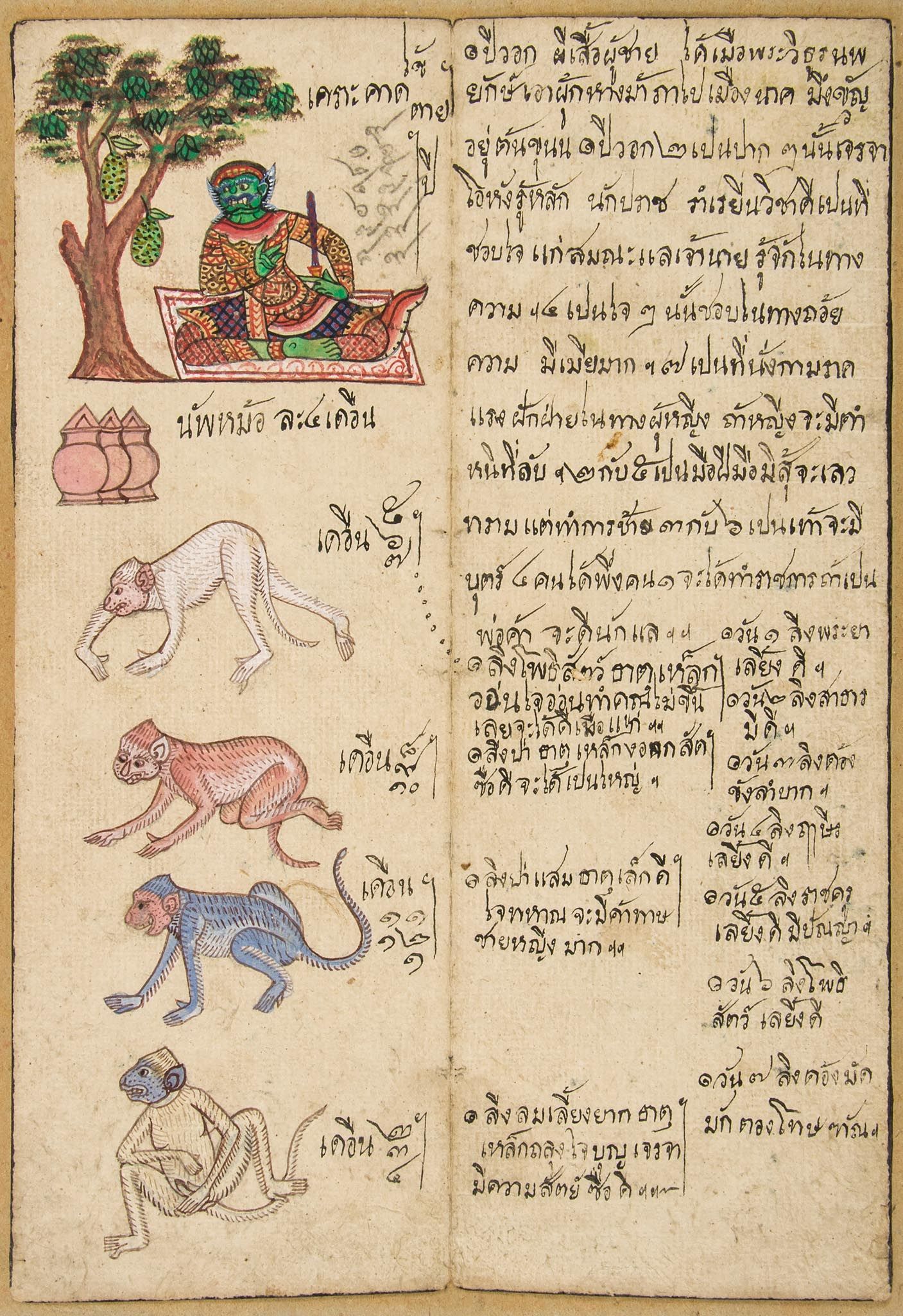 Asia.- - Illustrated Thai manuscript depicting signs of the Zodiac, 1 sheet,   script in black