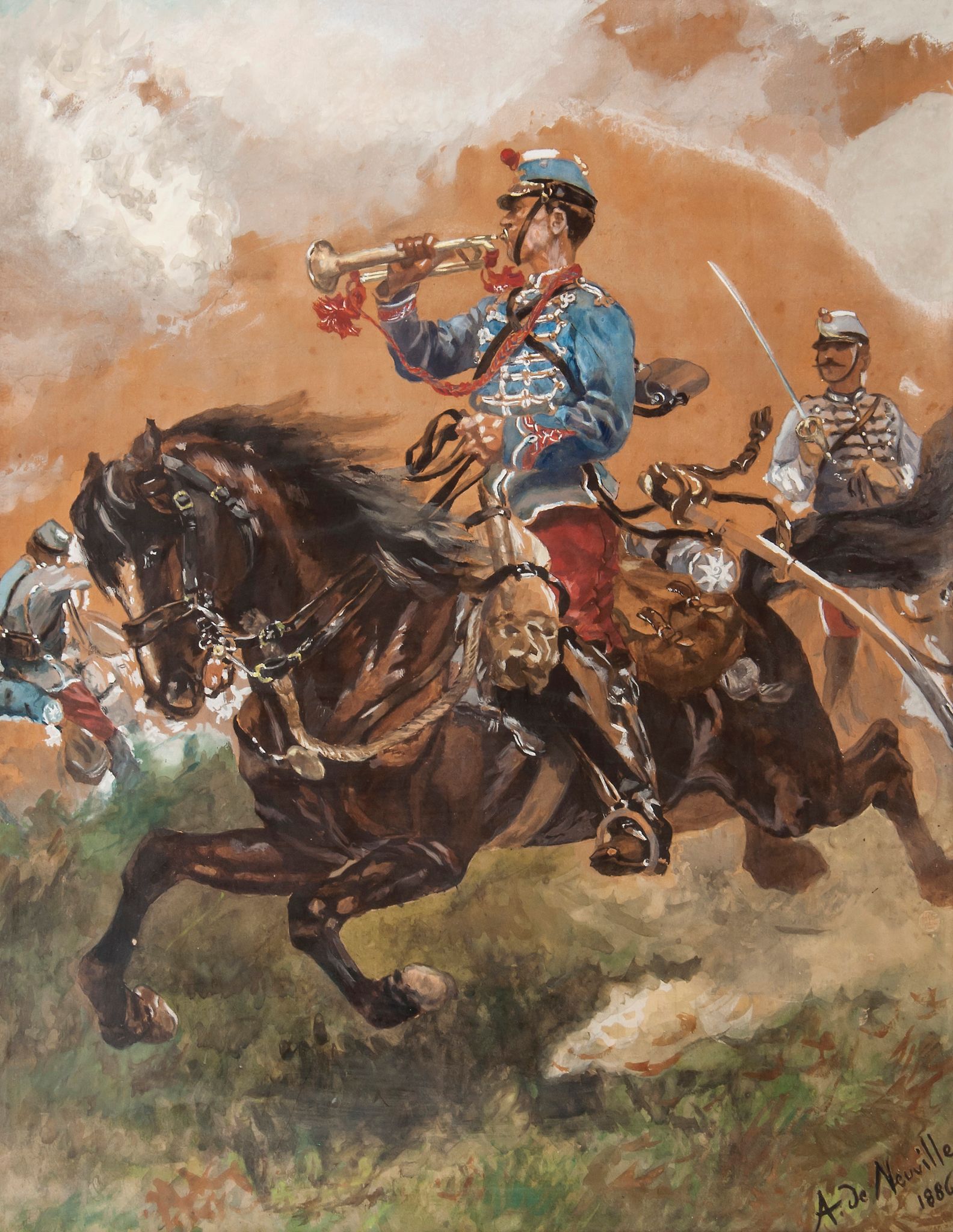 Attributed to Alphonse Marie de Neuville - A Trumpeter of the Chasseurs a Cheval  Watercolour, over