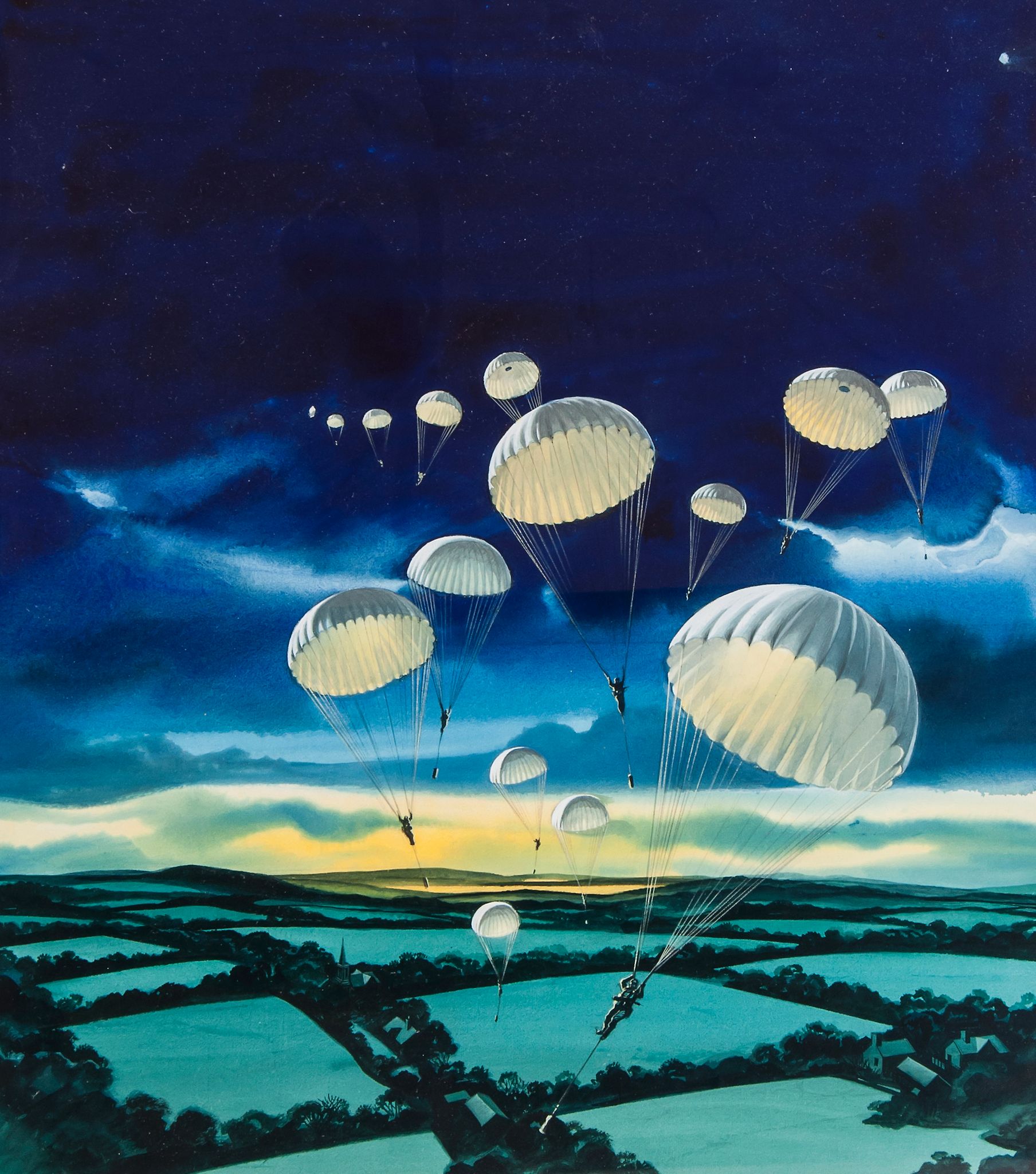 British School (20th Century) - German Fallschrimjager (parachutists) Descending at night over