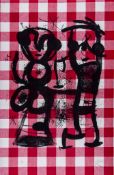 Joan Miró (1893-1983) - The Rustics (m.589) lithograph printed on red and white checked cloth, 1969,