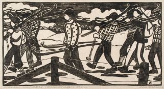 Lill Tschudi (1911-2004) - Boys with Skis (C.L.T.78) linocut, 1948, signed, titled and inscribed `