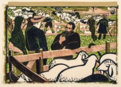 Lill Tschudi (1911-2004) - Sheepmarket (C.L.T.75) linocut printed in colours, 1946, signed, titled