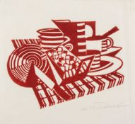 Lill Tschudi (1911-2004) - Pots and Pans (Not in C.L.T.) a rare linocut printed in crinson, 1938,