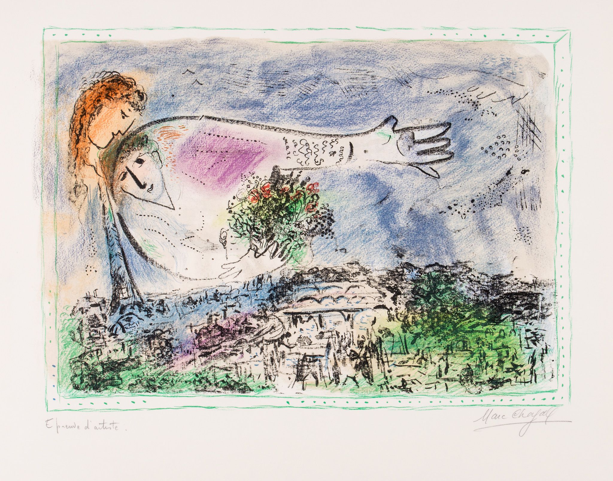 Marc Chagall (1887-1985) - Au-Dessus de Paris (M.614) lithograph printed in colours, 1970, signed