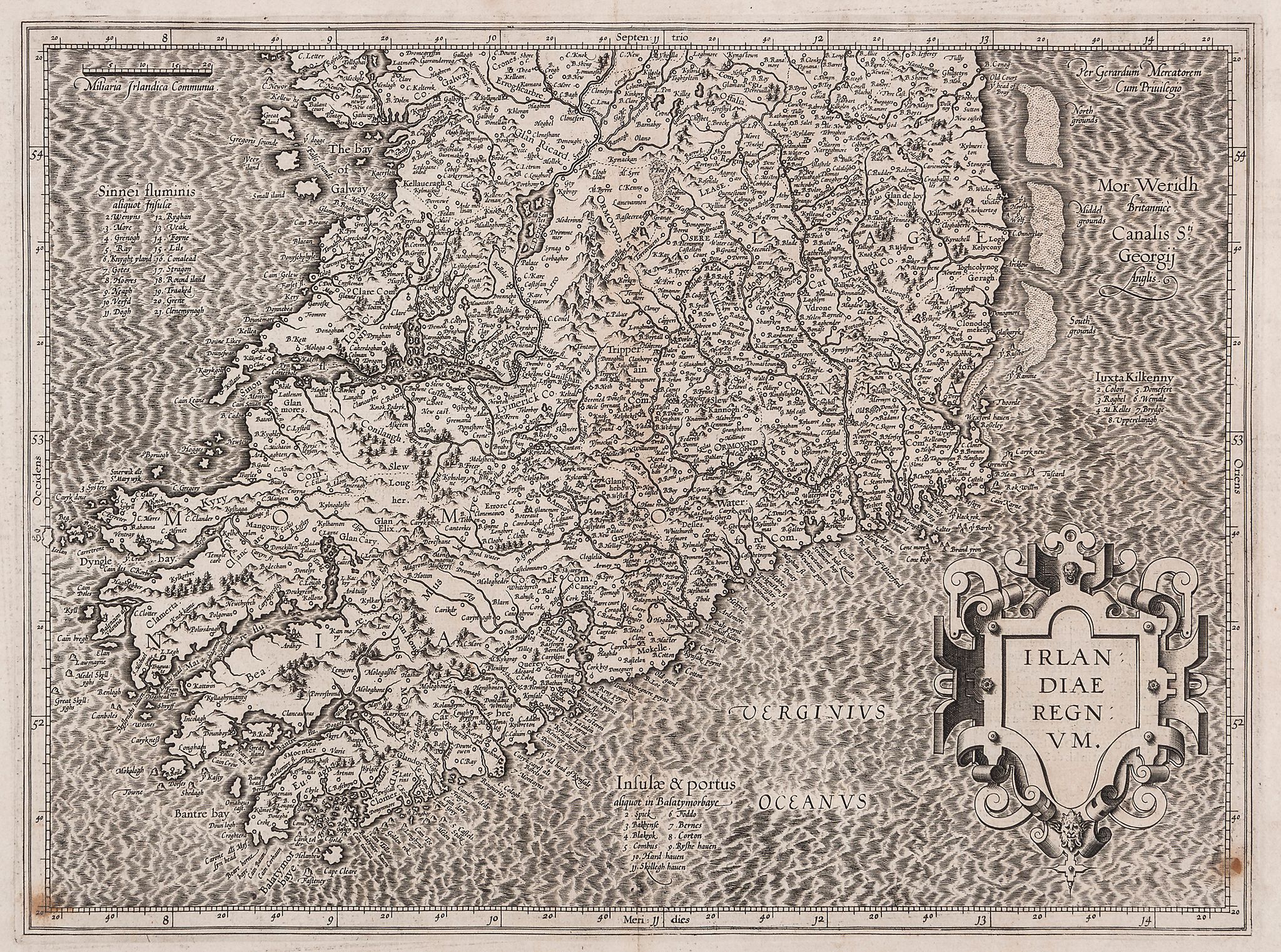 Mercator (Gerard) - Irlandiae Regnum, Ireland in 2 full sheets, strapwork title cartouche in lower