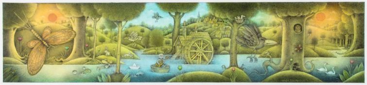 Anderson (Wayne) - Mayfly, a crayon and watercolour drawing of a panoramic landscape scene with