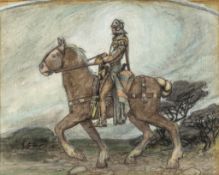 [Nielsen (Kay)] - Pencil and gouache drawing of a knight on horseback riding by the sea,  original