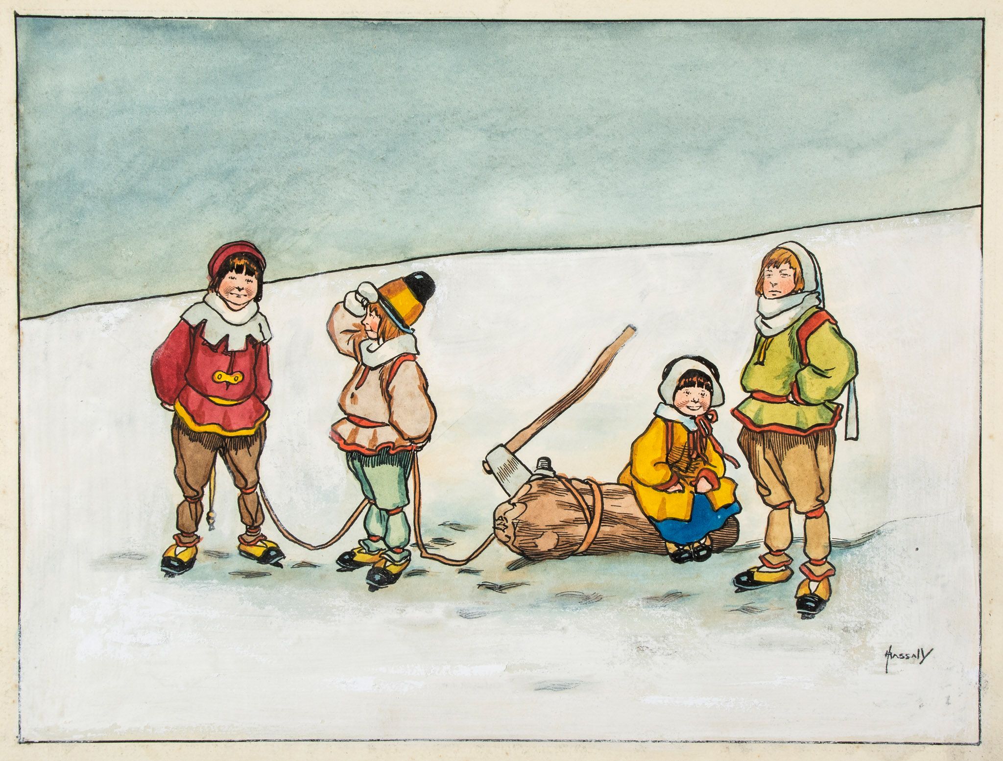 Hassall (John) - Children in a snow scene,  original watercolour on paper, four young children in