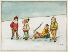 Hassall (John) - Children in a snow scene,  original watercolour on paper, four young children in