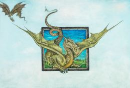 Anderson (Wayne) - Heed the Dragon, an crayon and watercolour drawing of a large dragon flying past