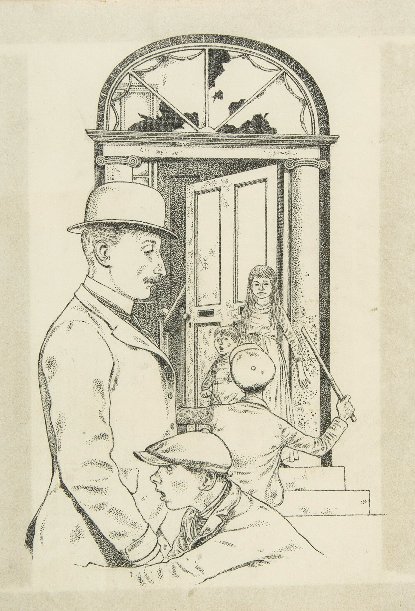 Jacques (Robin) - Ink drawing of a man in a bowler hat, standding outside a street door with four