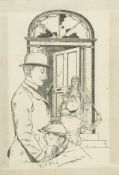 Jacques (Robin) - Ink drawing of a man in a bowler hat, standding outside a street door with four